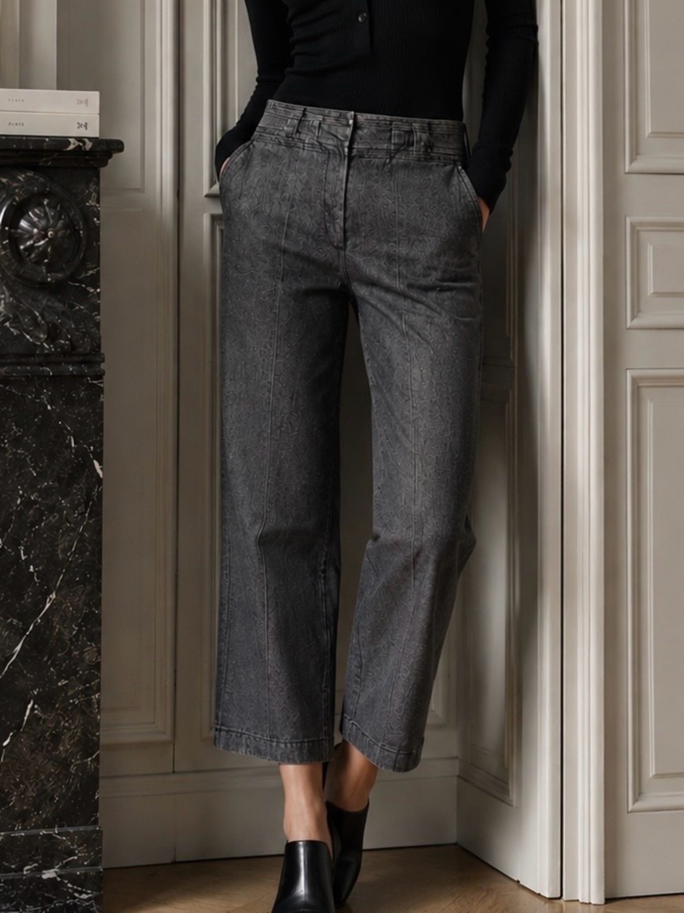 Sandro Sportswear Gray Denim Pleat-Front Wide Leg Crop Pants Size 6